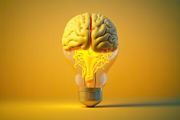 Illustration of light bulb with brain, ideas and creativity concept, yellow background. Generative AI