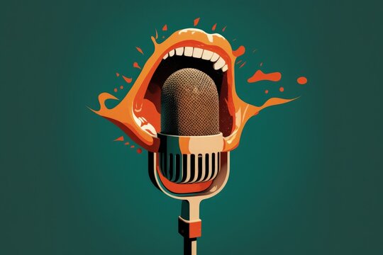 Digital illustration of mouth with microphone, podcat, green background. Generative AI