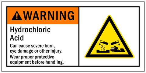 Hydrochloric acid sign and labels can cause severe burn, eye damage or offer injury. Wear proper protective equipment before handling