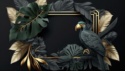 Luxury metalic frame bird and tropical leaves nature abstract background. Generative AI