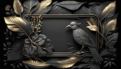 Luxury metalic frame bird and tropical leaves nature abstract background. Generative AI