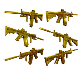 3d rendering gold golden battle rifle war semi automatic machine gun from various view perspective