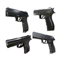 3d rendering of shiny black gun from various perspective view