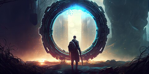 Man staying near the giant mystic ring cyberpunk electric