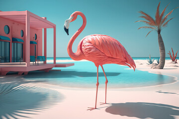 Flamingo and beach bar background. Travel vacation and summer concept. Generative AI