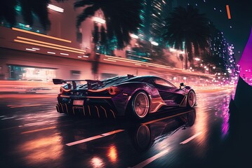 Through the dark city streets, a luxury sports vehicle speeds. Generative AI - obrazy, fototapety, plakaty