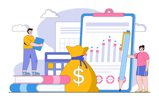 Cash flow statement concept. Man and girl evaluating graph, growth of company income. Successful investors. Outline design style minimal vector illustration for landing page, web banner, hero images