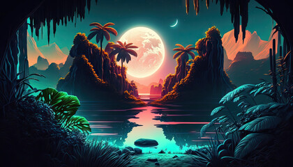 Obraz na płótnie Canvas Landscape of tropical nature background illustration. Retro tone color style. Generative AI