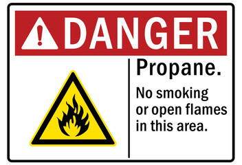 Propane warning sign and labels propane no smoking or open flames in this area