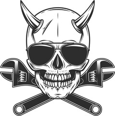 Viking skull with horns and sunglasses accessory to protect eyes from bright sun with construction plumbing wrench spanner tools vintage isolated illustration
