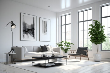A minimalist living room with clean lines and functional furniture pieces in neutral colors. This photorealistic modern and sleek aesthetic with a spacious feel and plenty of nature. Generative AI - obrazy, fototapety, plakaty