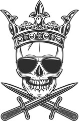 Skull in crown with crossed knife with sunglasses accessory to protect eyes from bright sun vintage isolated illustration