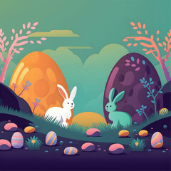happy easter illustration with rabbits and easter eggs