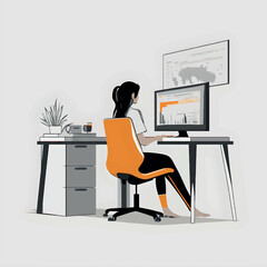 illustration young woman working on computer in office