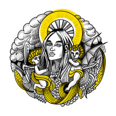 Vector illustration of a girl with a halo who has an angel and a demon sitting on her shoulders retro vintage engraved style. Tattoo concept, t-shirt print design.