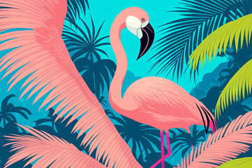 Pink flamingos painting on the moonlight in tropical night. Summer night scene. Creative Caribbean concept. Minimal art composition. Generative AI.