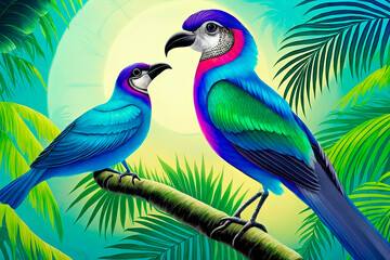 Paradise bird, tropical exotic jungle plants leaves flowers abstract pastel color. Generative AI