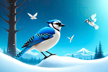 Blue jay bird digital painting art, with nature on background. Generative AI