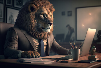 Business person with lion head in an office. Generative ai