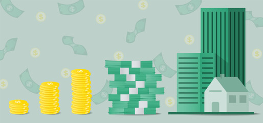 The pile of money then transforms into a piece of real estate, symbolizing a successful investment and long-term financial stability. Business start up concept. Vector illustration eps10.