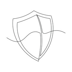 Continuous single one line drawing art of Shield protection. Vector illustration of business guard defense and data safety or health care.