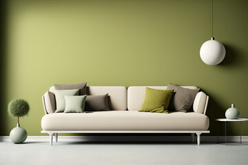 Modern living room with a sofa in olive green tones. Clean minimalist background with contemporary design. Modern interior design, generative ai.