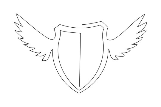 Continuous Single One Line Drawing Art Of Flying Wings Shield Protection. Vector Illustration Of Business Guard Defense And Data Safety Or Health Care.