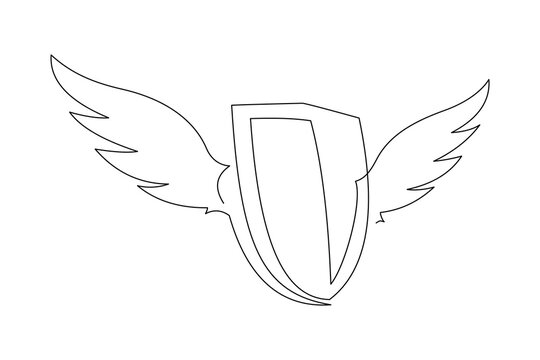 Continuous Single One Line Drawing Art Of Flying Wings Shield Protection. Vector Illustration Of Business Guard Defense And Data Safety Or Health Care.