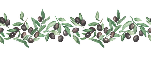 Watercolor seamless border with olives, olive branches, oil, black olives