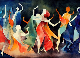 silhouettes of people dancing at a party, in in rich, modern, expressive watercolor. Generative AI.