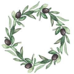 Watercolor wreath with olives, olive branches, leaves, greenery, for invitations, wedding, greeting cards