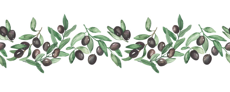 Watercolor seamless border with olives, olive branches, oil, black olives © MarinaErmakova
