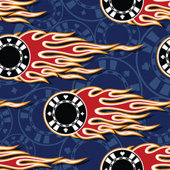 Casino poker wallpaper design vector image. Repeating tile background of Poker chips and fire flame seamless pattern texture.