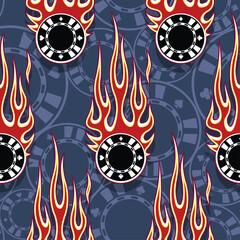Casino poker chips icons in burning fire flame seamless pattern vector art image. Poker chips repeating tile background wallpaper texture.
