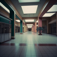 an old empty shopping mall corridor building with 80's style decorations Generative Ai