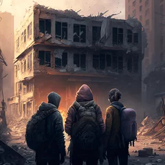 Foto op Canvas a group of people looking at some buildings in fire and destroyed by an earthquake or bombs Generative Ai © Eduardo