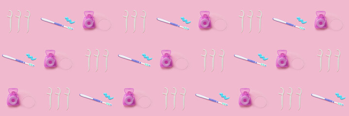 Many toothbrushes with dental floss and toothpicks on pink background. Pattern for design