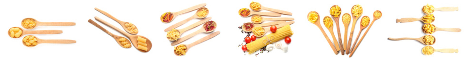 Collection of wooden spoons with different types of pasta on white background