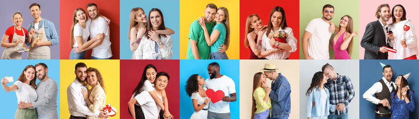 Collage of happy loving couple on color background