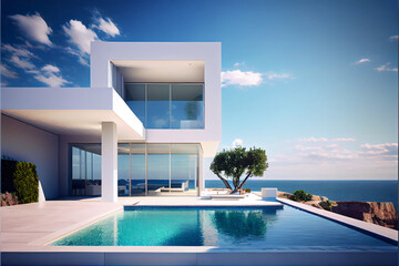 Fototapeta na wymiar Minimalist contemporary residential villa with modern architecture, swimming pool and sea view in the background. With generative AI illustration