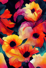 Beautiful flower / floral illustration on a black background , perfect for a greeting card or design element. Painted in watercolor style with a high quality scan texture. Generative AI.