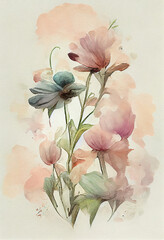 Beautiful watercolor flowers, using pink, pale, natural colours in a antique style. Generative AI.