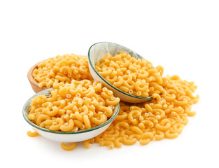 Bowls of raw elbow pasta isolated on white background