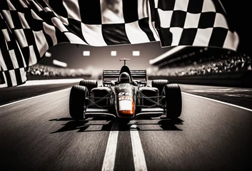 Foto auf Leinwand Motor sport racing car on a track with finish flag. Generative ai © ink drop