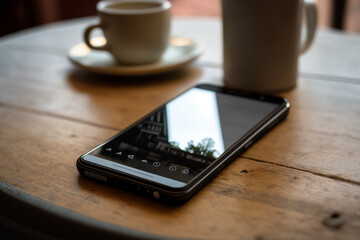 Smartphone on the table. Smartphone is a mobile phone with computer capabilities, with advanced functionality that can be extended through application programs executed by its operating system.