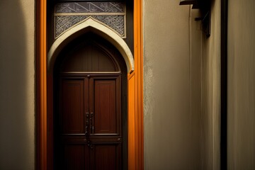 Islamic background painting. Mosque and shadows. Door and dark wall, Prayer's vision, generative ai. Muslim art.