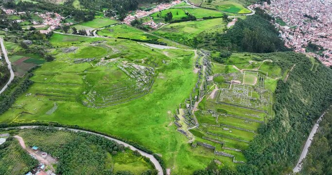 Sacsayhuaman or Saqsaywaman is one of the Inca's ruins constructions as Machu Picchu. Cusco, Peru. Aerial above view drone high resolution 4k
