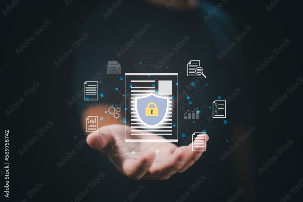 Poster concept is data security access. Shields protect sensitive data. Internet security.