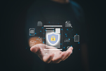 concept is data security access. Shields protect sensitive data. Internet security.