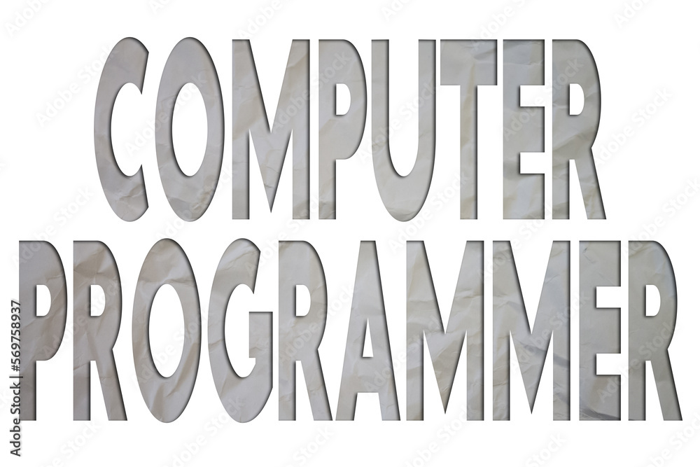 Poster computer programmer text with torn, crumpled white paper on colored background.